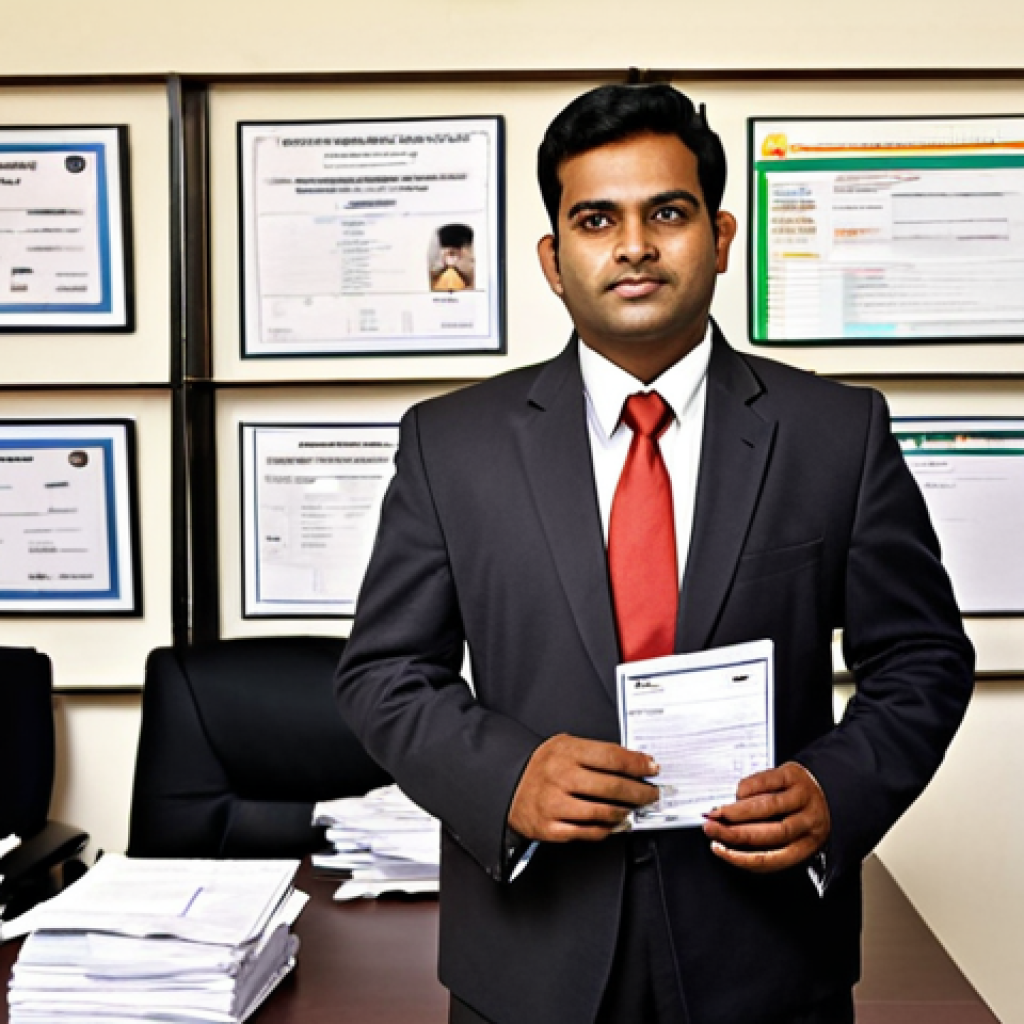 **Image 1 Prompt:** A professional Indian property agent, dressed in smart business attire, confidently stands amidst a well-organized display of essential legal documents: an Aadhar card, PAN card, RERA registration certificate, and a university degree. The background suggests a modern, compliant office environment, emphasizing the foundational importance of legal and personal identification for a trustworthy business.