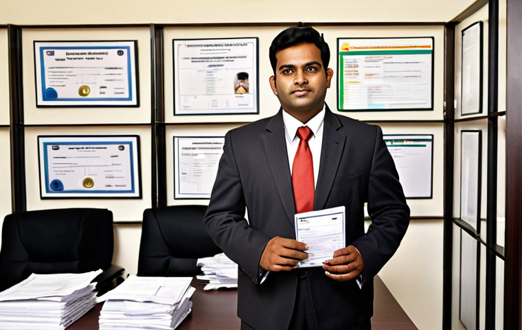 **Image 1 Prompt:** A professional Indian property agent, dressed in smart business attire, confidently stands amidst a well-organized display of essential legal documents: an Aadhar card, PAN card, RERA registration certificate, and a university degree. The background suggests a modern, compliant office environment, emphasizing the foundational importance of legal and personal identification for a trustworthy business.
