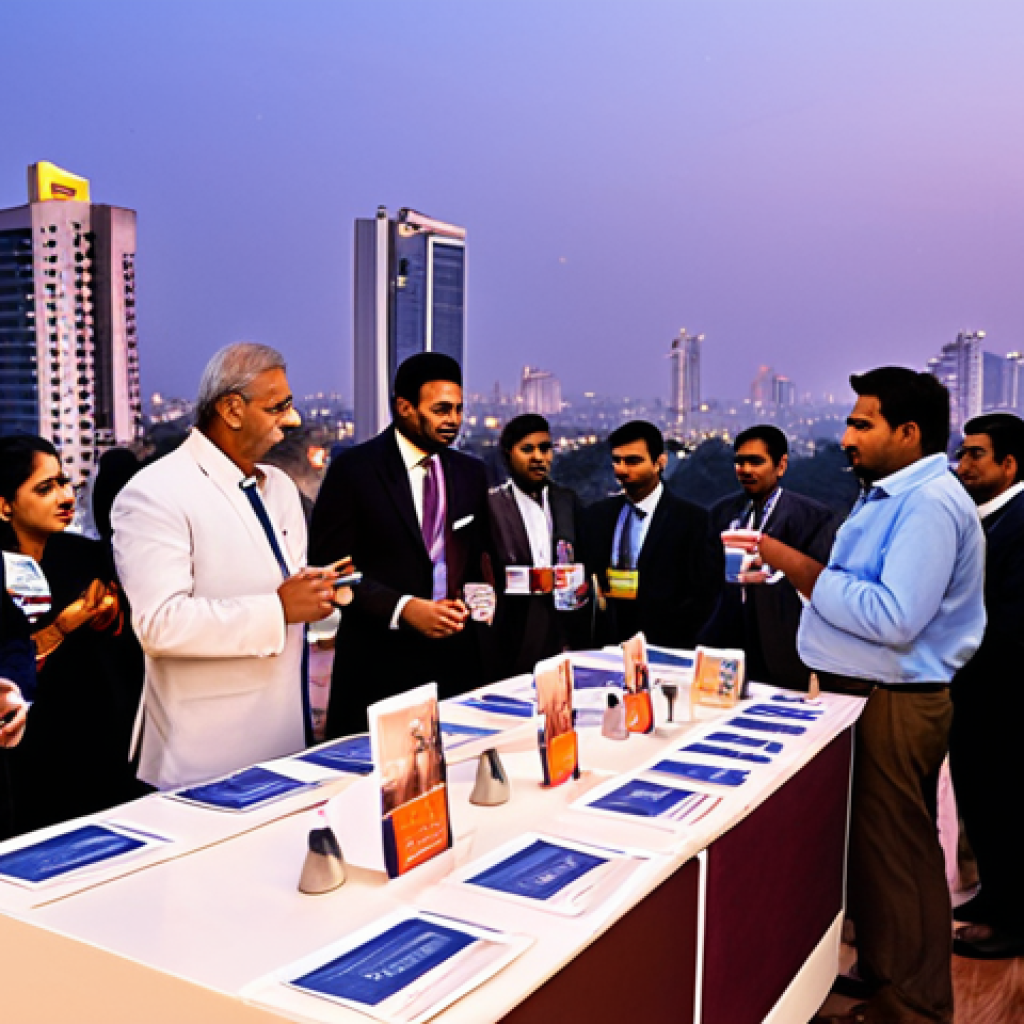 **

A diverse group of people networking at a real estate event in India. Some are exchanging business cards, while others are engaged in lively conversation around tables displaying property brochures. The background features a modern Indian city skyline at dusk. Focus on warm lighting and professional attire. Depicting strong relationships between property dealers, builders and customers for business development.

**