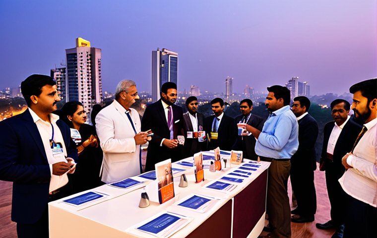 **
A diverse group of people networking at a real estate event in India. Some are exchanging business cards, while others are engaged in lively conversation around tables displaying property brochures. The background features a modern Indian city skyline at dusk. Focus on warm lighting and professional attire. Depicting strong relationships between property dealers, builders and customers for business development.
**
