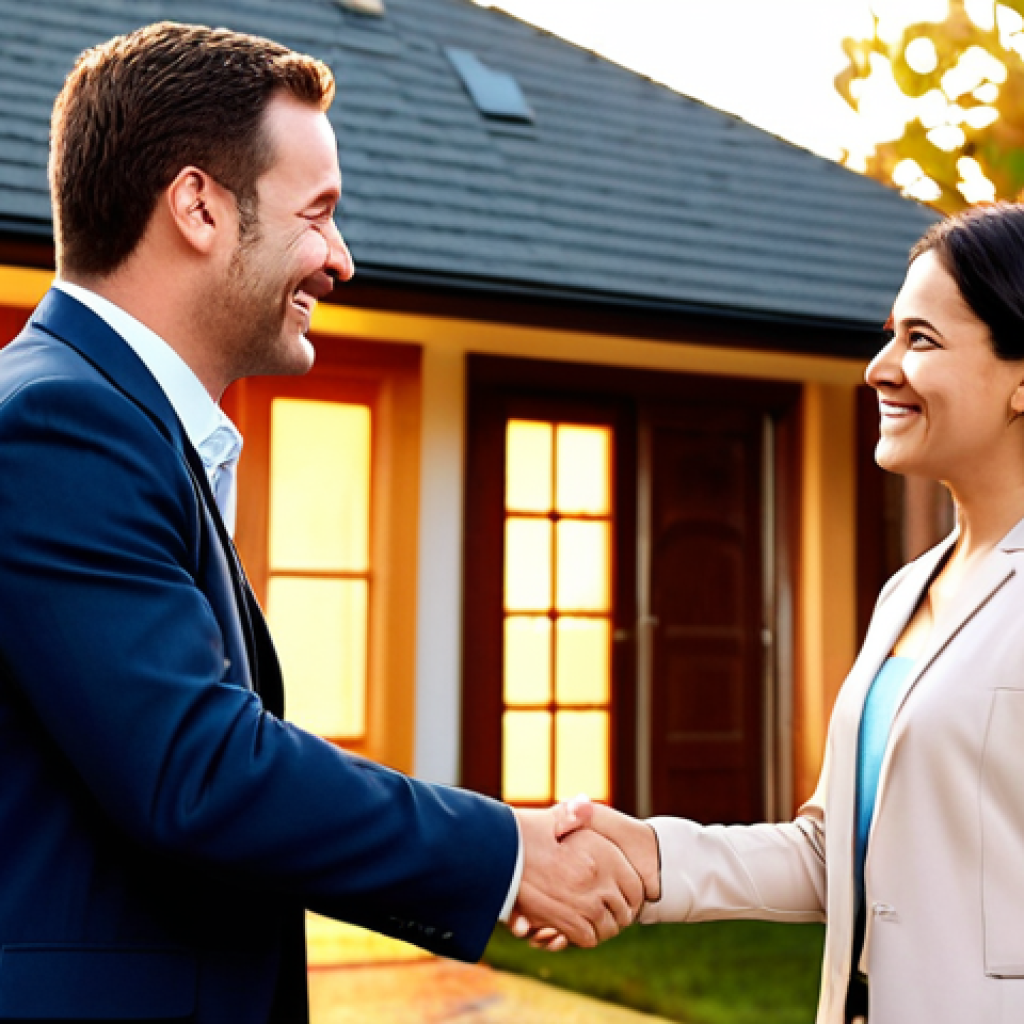 **Prompt:** A real estate agent shaking hands with a happy client in front of a house, symbolizing trust and a successful deal. Warm lighting, friendly atmosphere.