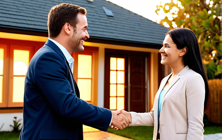 **Prompt:** A real estate agent shaking hands with a happy client in front of a house, symbolizing trust and a successful deal. Warm lighting, friendly atmosphere.