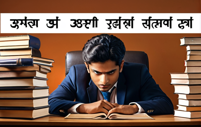 **
A determined young professional, surrounded by stacks of books and online resources related to property law and real estate. They are studying diligently at a desk illuminated by a warm light, with a calendar marked with the exam date in the background. The overall mood should be motivational and aspirational. Subtle Hindi script elements can be incorporated in the background (book titles, calendar).
**
