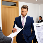 **Prompt:** A professional real estate agent, dressed smartly, stands confidently beside a client (a buyer) at a vibrant property auction. The agent's arm is subtly extended, as if shielding the client from chaotic elements, while their other hand points clearly to a detail on a complex legal document. The background shows blurred, bustling auction activity, with hints of property documents and potential pitfalls (e.g., small, confusing text). The overall mood is one of safety, informed decision-making, and expert guidance in a potentially overwhelming environment. Realistic, high detail, clear focus on the agent and client.