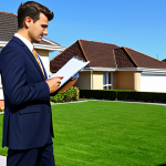 **

A professional property valuer, fully clothed in modest business attire, inspecting a modern house with a notepad in hand. The scene is set in a sunny suburban neighborhood with well-maintained lawns. Safe for work, appropriate content, perfect anatomy, natural proportions, professional, family-friendly.

**