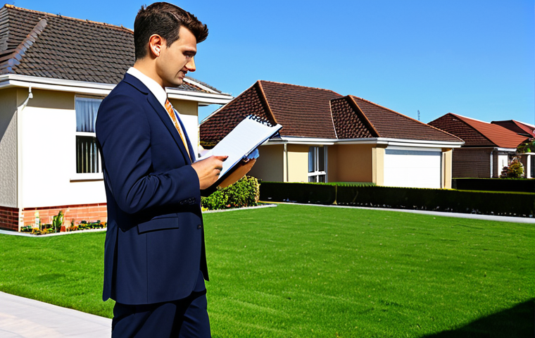 **

A professional property valuer, fully clothed in modest business attire, inspecting a modern house with a notepad in hand. The scene is set in a sunny suburban neighborhood with well-maintained lawns. Safe for work, appropriate content, perfect anatomy, natural proportions, professional, family-friendly.

**