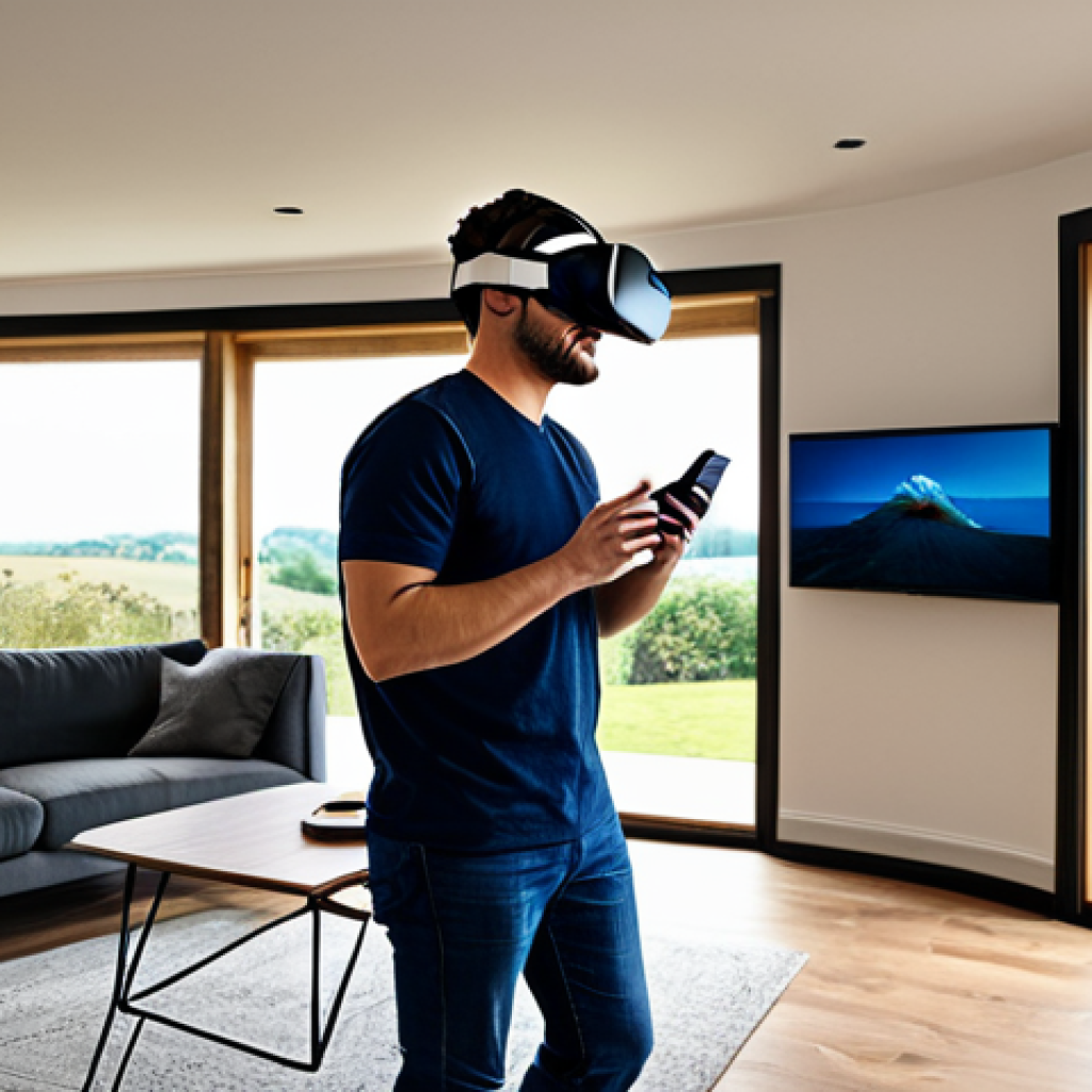 **

"A modern, fully furnished living room in a virtual reality setting. A person is wearing a VR headset, seemingly immersed in the experience of touring a property. The room is tastefully decorated, showcasing virtual staging. Safe for work, appropriate content, fully clothed, modest, professional, perfect anatomy, natural proportions, high quality."

**