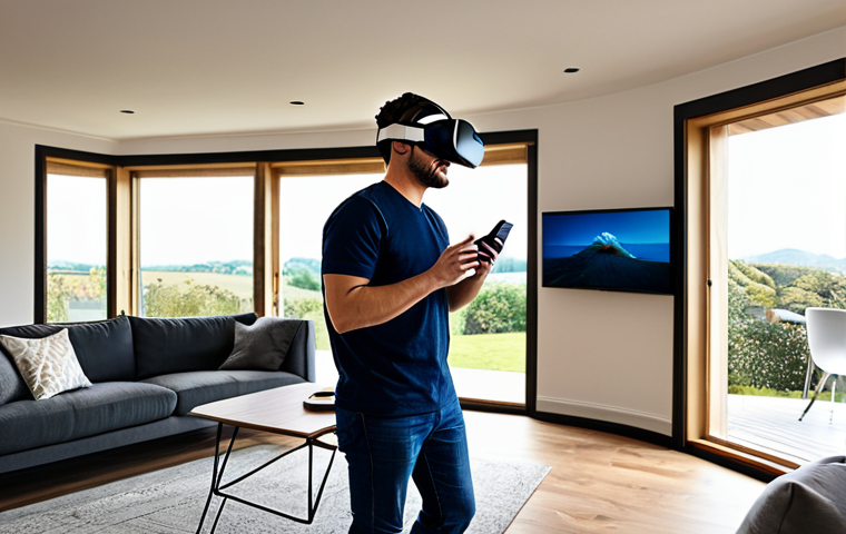 **

"A modern, fully furnished living room in a virtual reality setting. A person is wearing a VR headset, seemingly immersed in the experience of touring a property. The room is tastefully decorated, showcasing virtual staging. Safe for work, appropriate content, fully clothed, modest, professional, perfect anatomy, natural proportions, high quality."

**