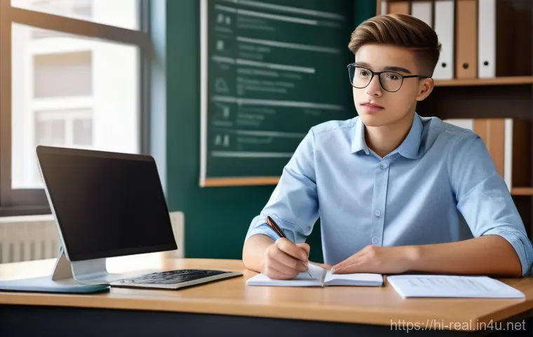 공인중개사 시험 준비를 위한 피드백 받기 - **Prompt 1: The Reflective Student and Digital Feedback**
    "A diligent young adult student, dress...