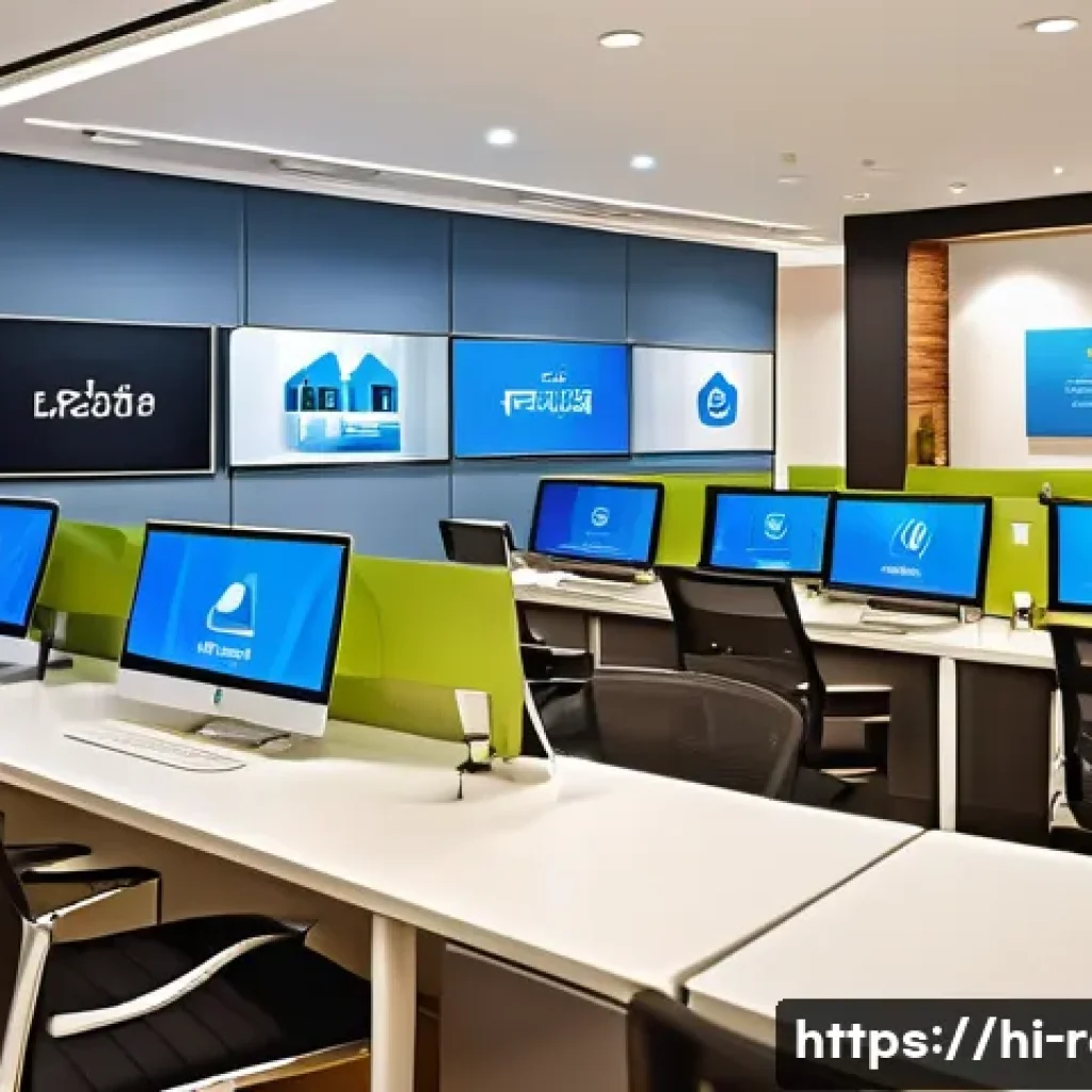 공인중개사 시험 이후 자격증 활용 사례 - A professional real estate agency office interior in India, showcasing a modern workspace with digit...