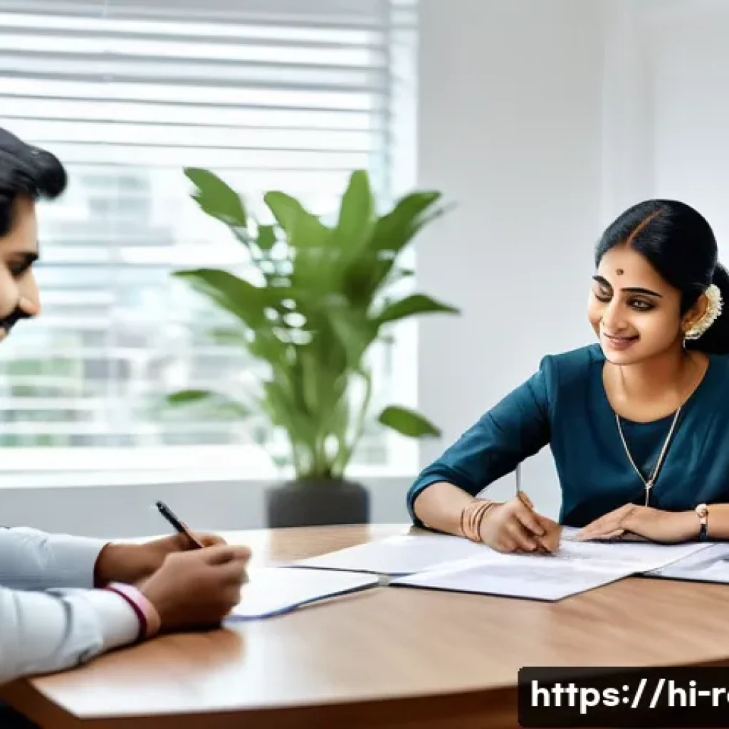 공인중개사 업무 사례 분석 - A professional Indian real estate agent in a modern office setting, attentively listening to a Hindi...