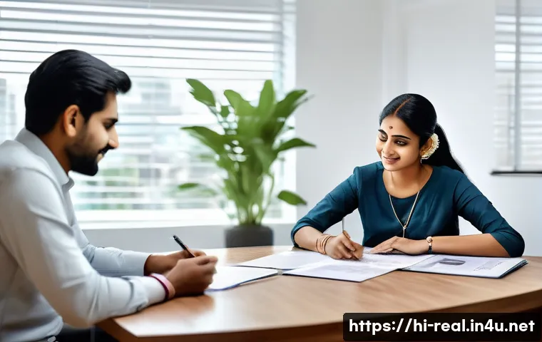 공인중개사 업무 사례 분석 - A professional Indian real estate agent in a modern office setting, attentively listening to a Hindi...