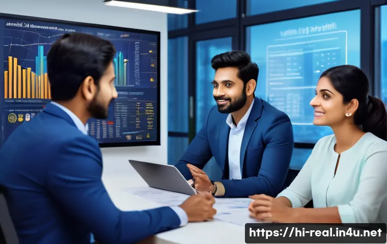 공인중개사와 부동산 시장 변화의 분석적 접근 방법 - A professional Indian real estate agent in smart business attire interacting confidently with a well...