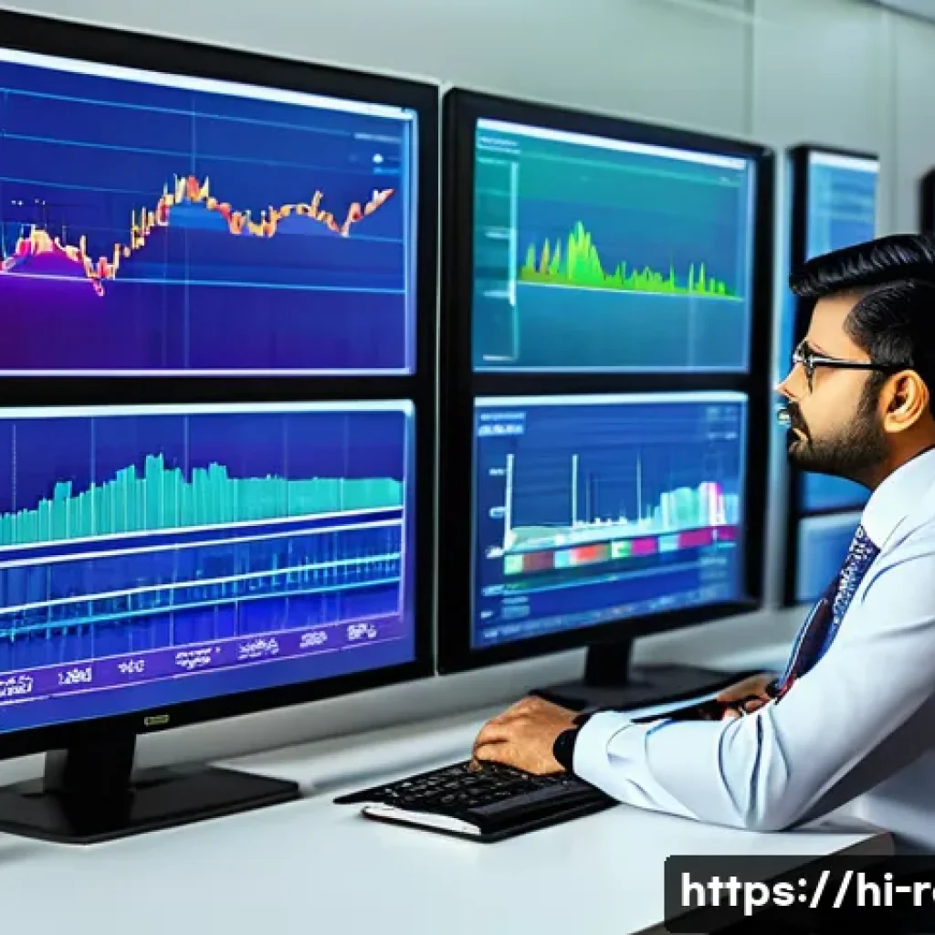 공인중개사와 부동산 시장의 상호 연계성 분석 - A professional Indian real estate broker attentively analyzing dynamic market trends on multiple dig...