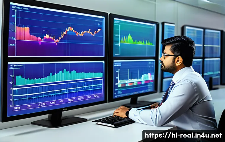 공인중개사와 부동산 시장의 상호 연계성 분석 - A professional Indian real estate broker attentively analyzing dynamic market trends on multiple dig...