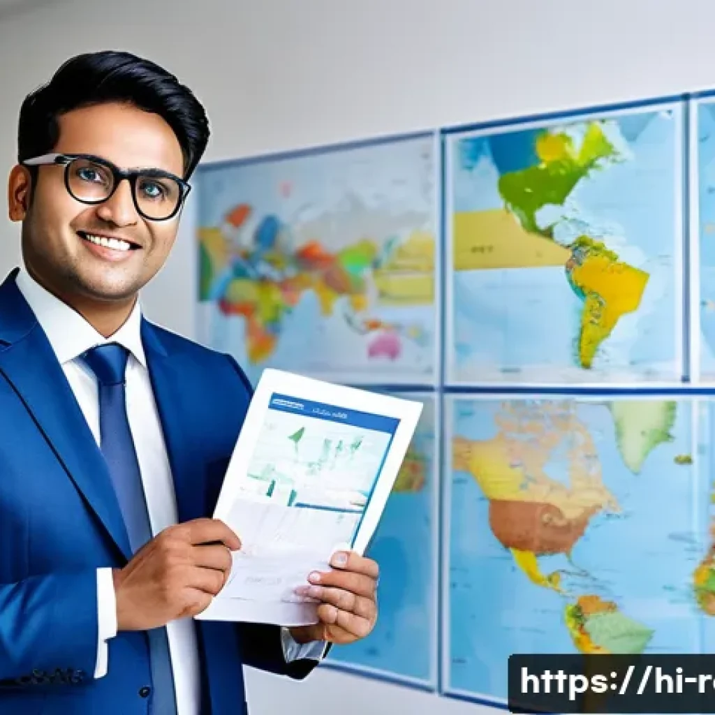 공인중개사 자격증 해외 활용 방법 - A professional Indian real estate agent, wearing formal business attire and glasses, confidently con...