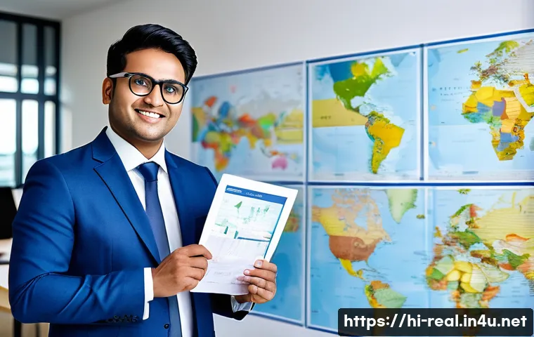 공인중개사 자격증 해외 활용 방법 - A professional Indian real estate agent, wearing formal business attire and glasses, confidently con...