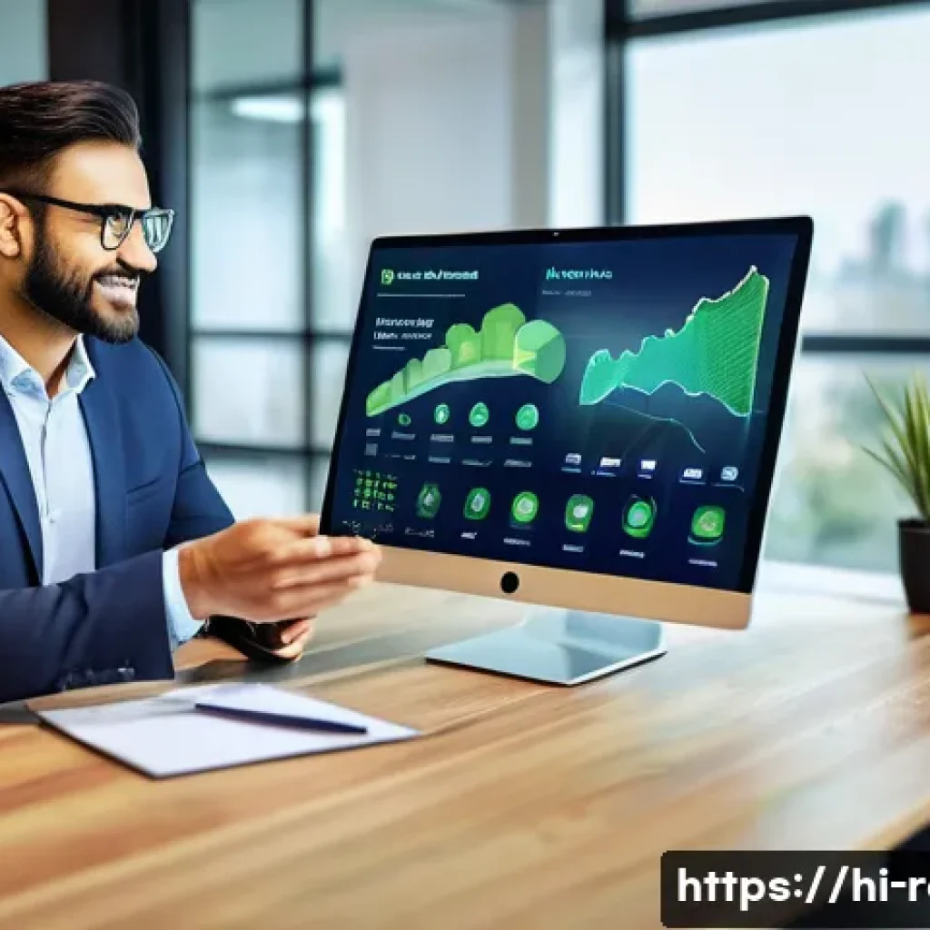 공인중개사와 부동산 시장 트렌드 변화 연구 - A modern real estate agent in a smart office environment, interacting with clients via a large touch...