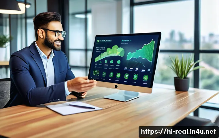 공인중개사와 부동산 시장 트렌드 변화 연구 - A modern real estate agent in a smart office environment, interacting with clients via a large touch...