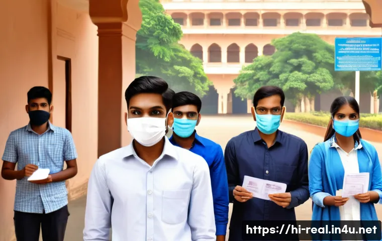 공인중개사 자격증 준비물 체크리스트 - A detailed and realistic scene of an Indian examination center entrance, showing a diverse group of ...