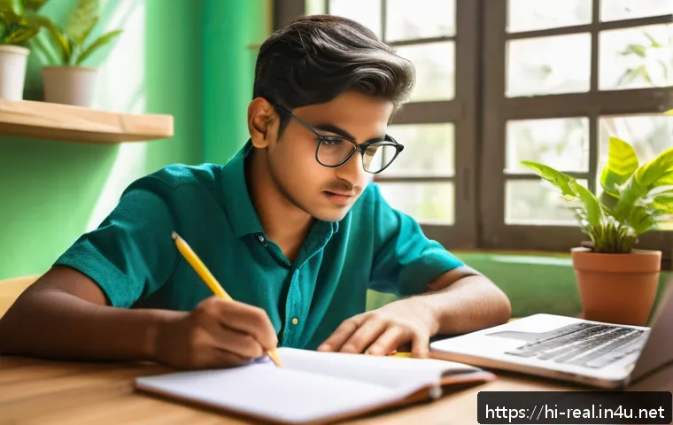 공인중개사 시험 준비와 효과적인 스터디 사례 - A focused Indian student studying at a wooden desk in a bright morning room, wearing casual clothes ...