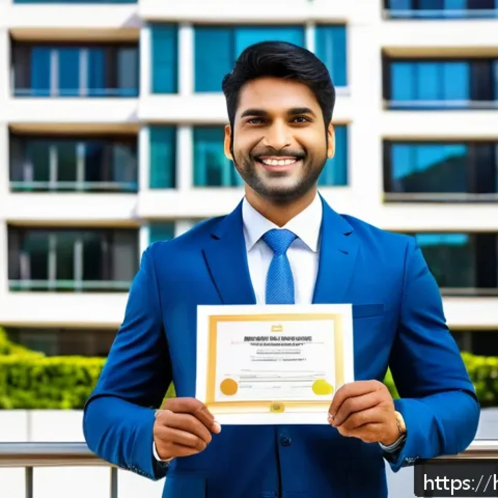 공인중개사 자격증의 가치 - A professional Indian real estate agent in business attire, confidently holding a 公인중개사 certificate,...
