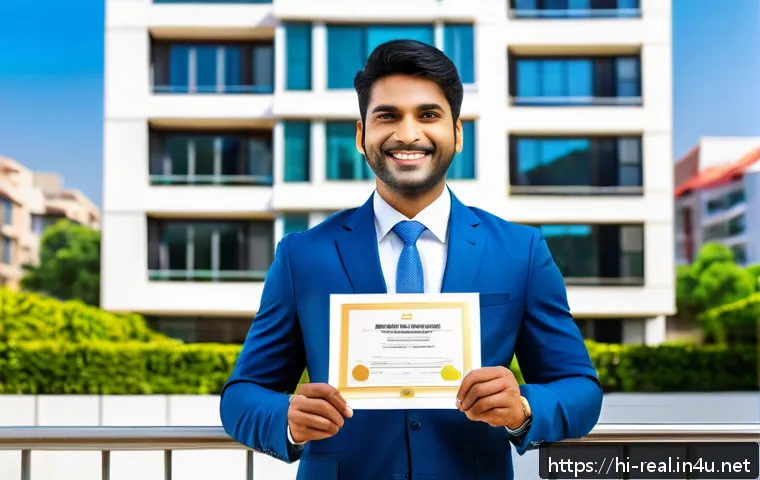 공인중개사 자격증의 가치 - A professional Indian real estate agent in business attire, confidently holding a 公인중개사 certificate,...