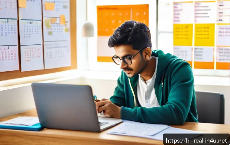 공인중개사 시험 대비 독창적인 학습 전략 사례 - A focused Indian student sitting at a clean, organized study desk in a quiet room, surrounded by col...