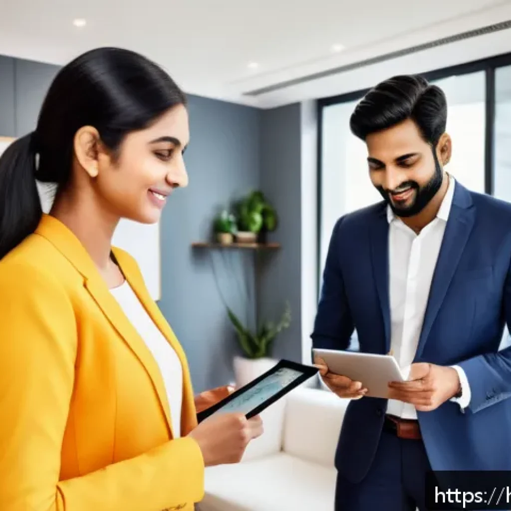 공인중개사와 부동산 관련 사회적 가치의 활용 사례 - A modern real estate agent conducting a virtual home tour on a sleek digital tablet, showcasing a 3D...