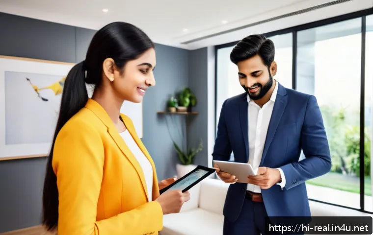 공인중개사와 부동산 관련 사회적 가치의 활용 사례 - A modern real estate agent conducting a virtual home tour on a sleek digital tablet, showcasing a 3D...