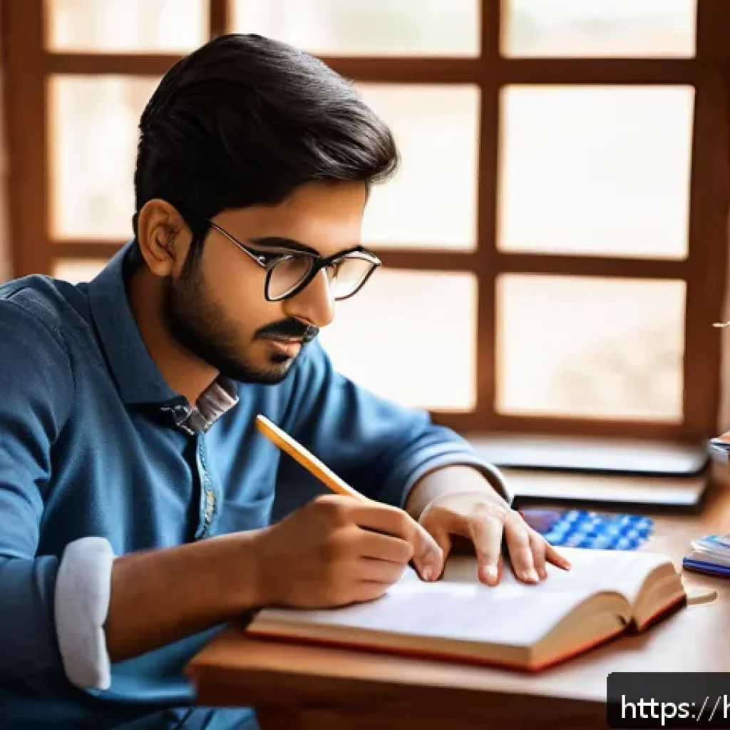 공인중개사 시험 전략 세우기 - A focused Indian student studying diligently at a wooden desk in a cozy home environment, surrounded...