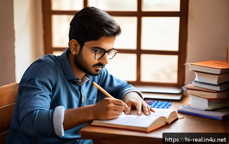 공인중개사 시험 전략 세우기 - A focused Indian student studying diligently at a wooden desk in a cozy home environment, surrounded...