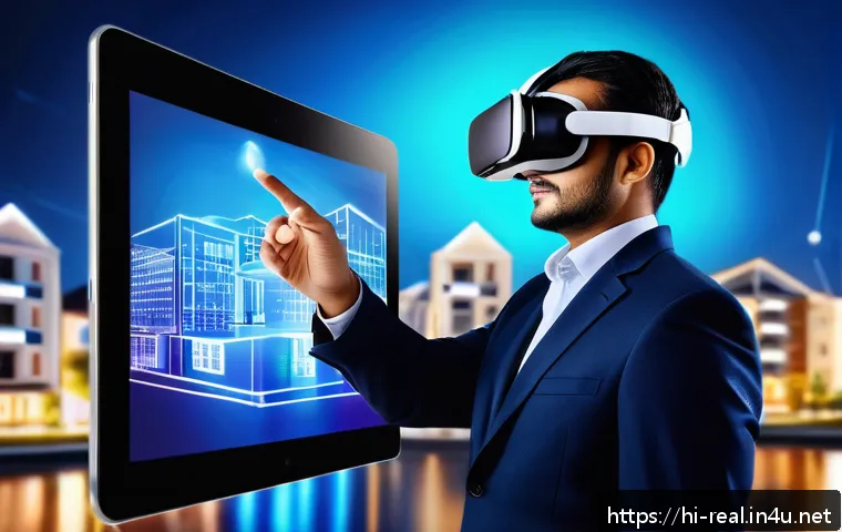 공인중개사 자격증과 취업 연결성 - A professional real estate agent in formal attire using advanced digital tools like a tablet and vir...