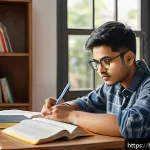 공인중개사 시험 대비 실전 전략 및 사례 - A focused Indian student sitting at a wooden study desk in a bright, cozy room with natural morning ...
