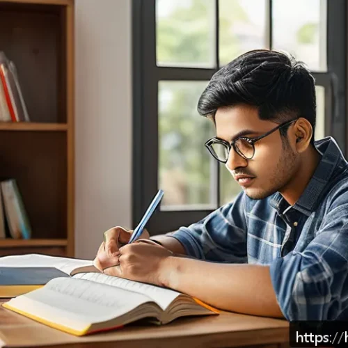 공인중개사 시험 대비 실전 전략 및 사례 - A focused Indian student sitting at a wooden study desk in a bright, cozy room with natural morning ...