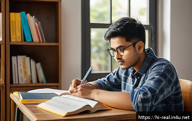 공인중개사 시험 대비 실전 전략 및 사례 - A focused Indian student sitting at a wooden study desk in a bright, cozy room with natural morning ...