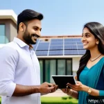 공인중개사와 부동산 시장 변화 사례 연구 - A professional Indian real estate agent in smart casual attire using a tablet to guide a young Hindi...