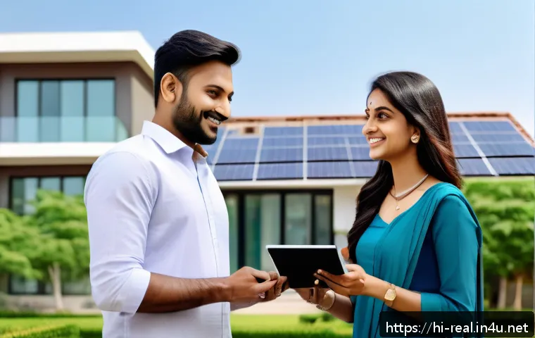 공인중개사와 부동산 시장 변화 사례 연구 - A professional Indian real estate agent in smart casual attire using a tablet to guide a young Hindi...