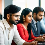 공인중개사 부동산 고객 만족도 조사 방법 - A professional business setting showing a diverse group of Indian customers, both men and women, eng...