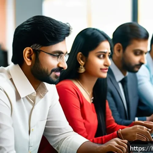 공인중개사 부동산 고객 만족도 조사 방법 - A professional business setting showing a diverse group of Indian customers, both men and women, eng...