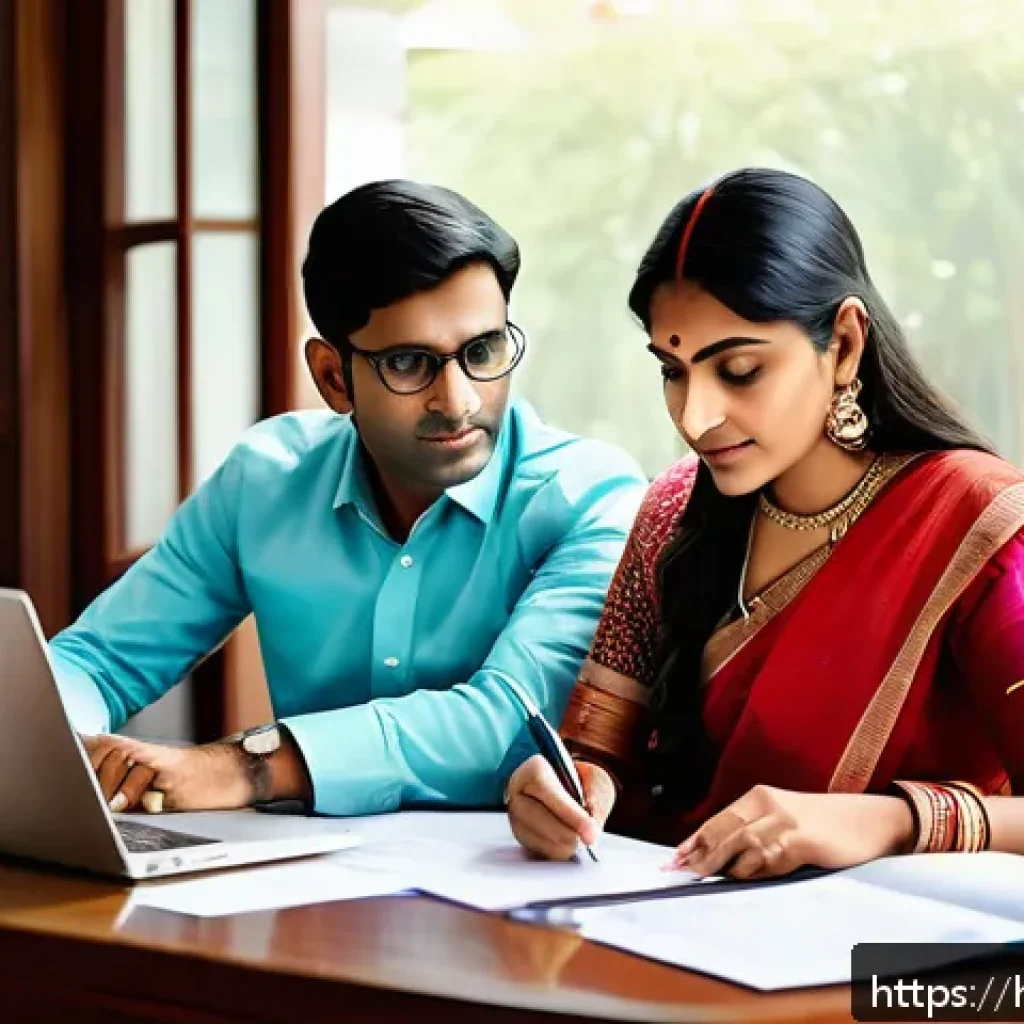 공인중개사와 부동산 대출 관련 업무 - A professional Indian family sitting at a modern home office desk, carefully reviewing property loan...