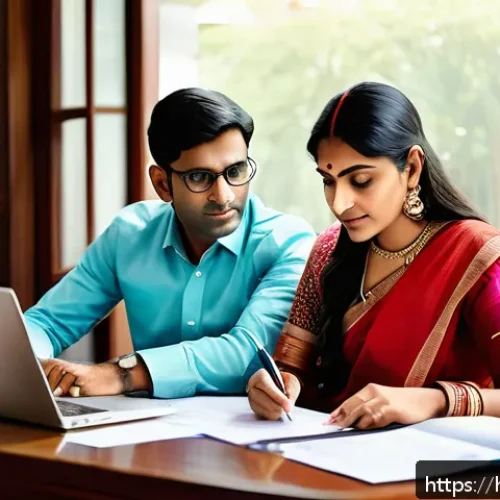 공인중개사와 부동산 대출 관련 업무 - A professional Indian family sitting at a modern home office desk, carefully reviewing property loan...