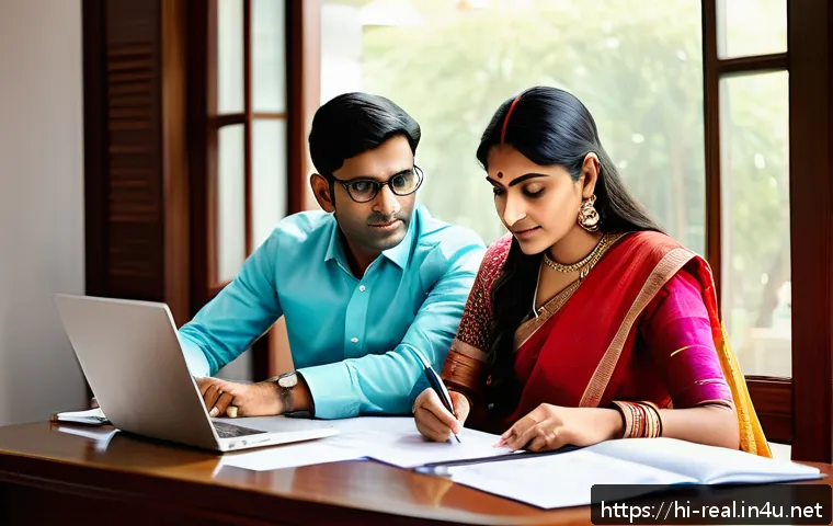 공인중개사와 부동산 대출 관련 업무 - A professional Indian family sitting at a modern home office desk, carefully reviewing property loan...