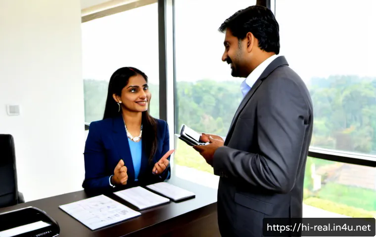 공인중개사 부동산 상담 노하우 - Photorealistic Indian real estate consultant in professional attire warmly advising a middle-aged co...