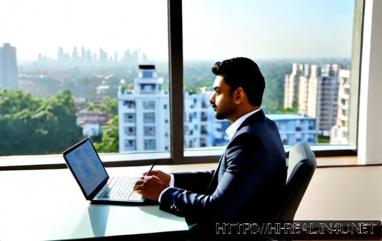 공인중개사와 부동산 국제 시장 연결성 - Photorealistic real estate consultant of Indian appearance in a modern sunlit office, seated at a cl...