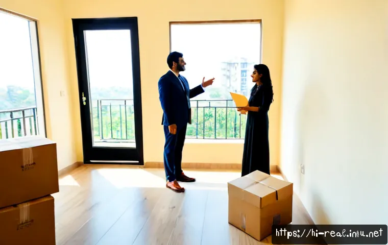 Home 16 공인중개사 부동산 매매 중개 사례 - Photorealistic Indian real estate agent in professional business attire guiding a young family throu...